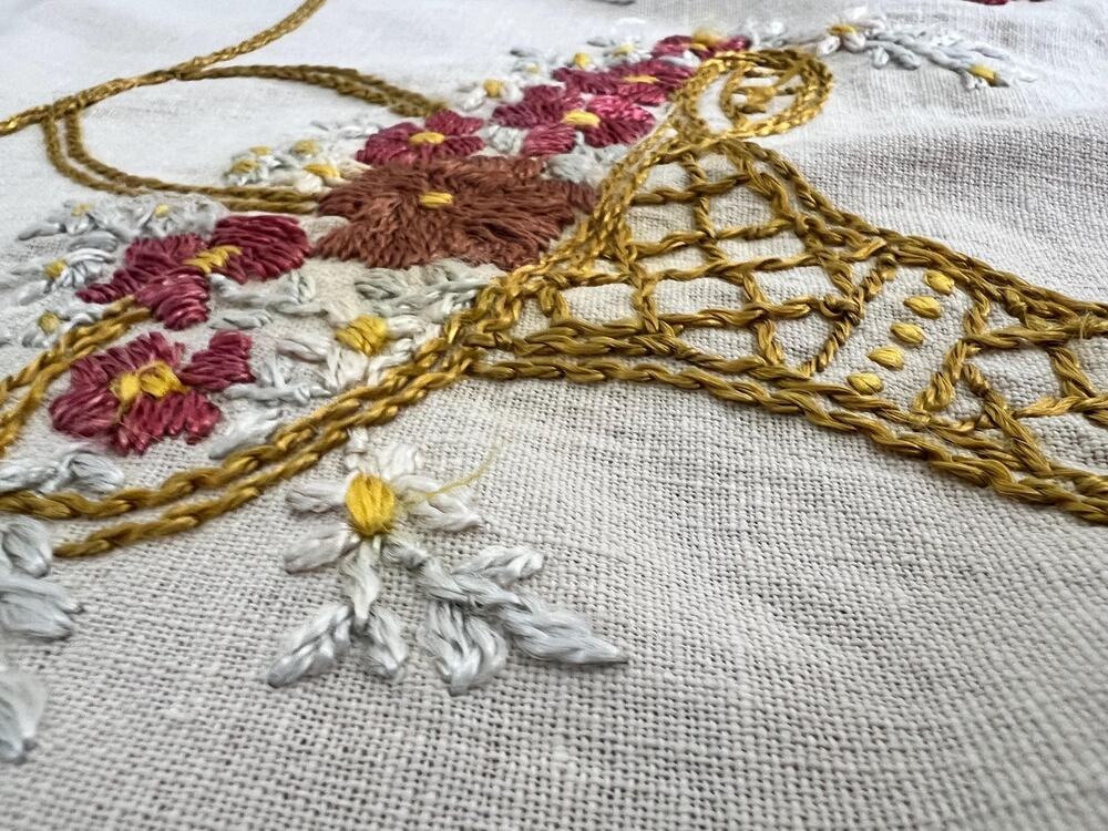 Vintage Embroidered Linen Doily | Floral Crochet Lace Table Topper
